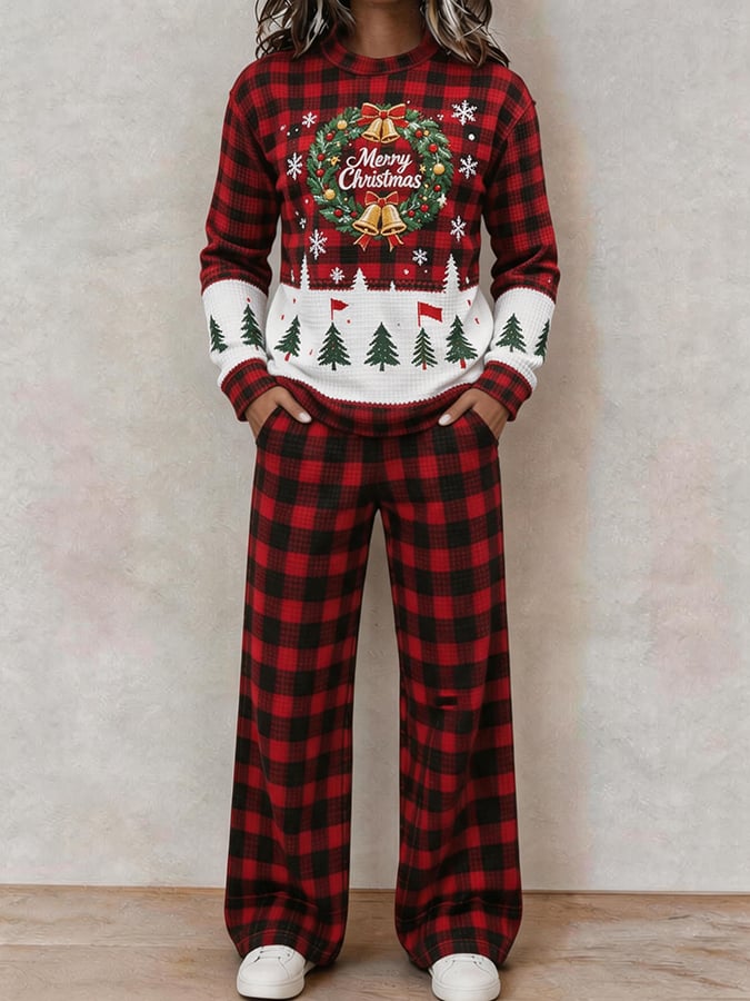 Women's Casual Waffle-Knit Printed Top and Pants Set