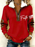 Women`s Faith In USA Print Patchwork Fur Collar Long-Sleeve Sweatshirt