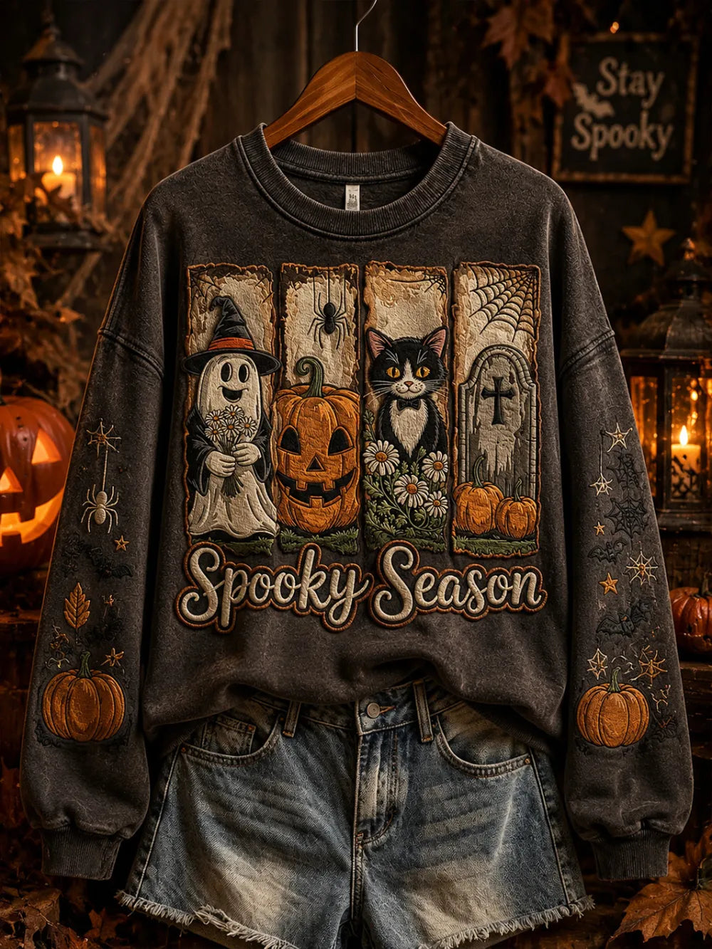 Women'S Halloween "Spooky Season" Printed Round Neck Casual Hoodie