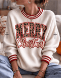 Damen-Strickpullover „Merry Christmas“ in Creme und Rot mit Leopardenmuster-Buchstaben