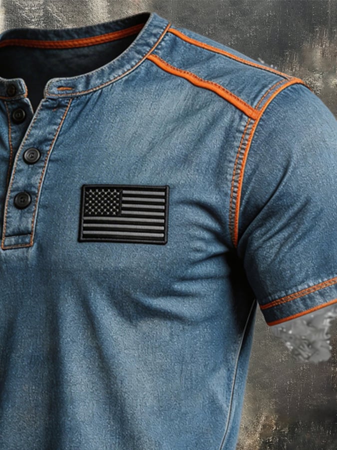 Men's Retro Color Stitching Pure Cotton Washed Faded Patriot T-Shirt