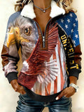 Women`s Bald Eagle And US Flag Print Patchwork Fur Collar Long-Sleeve Sweatshirt