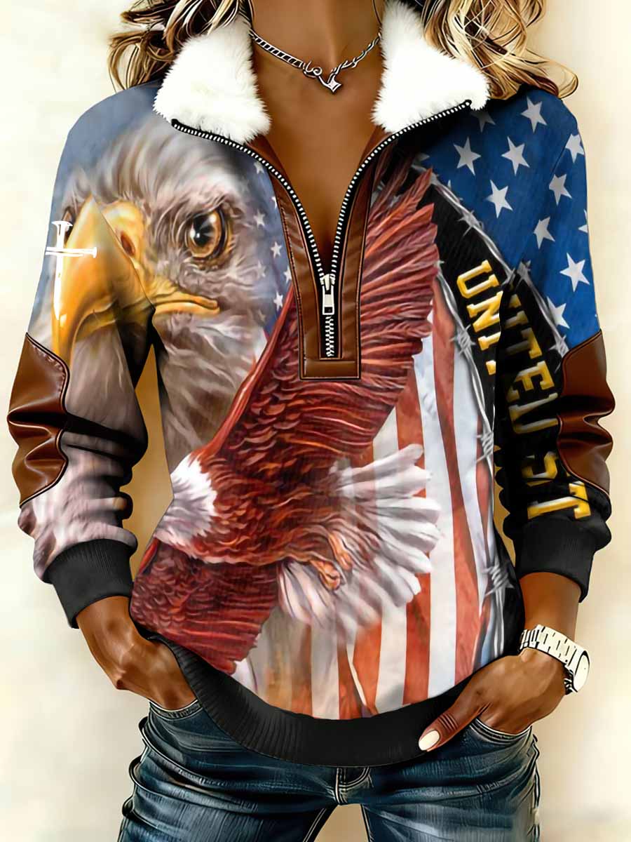 Women`s Bald Eagle And US Flag Print Patchwork Fur Collar Long-Sleeve Sweatshirt
