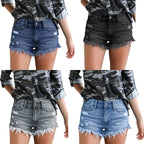 Denim Shorts With Slits And Tassels At The Hem