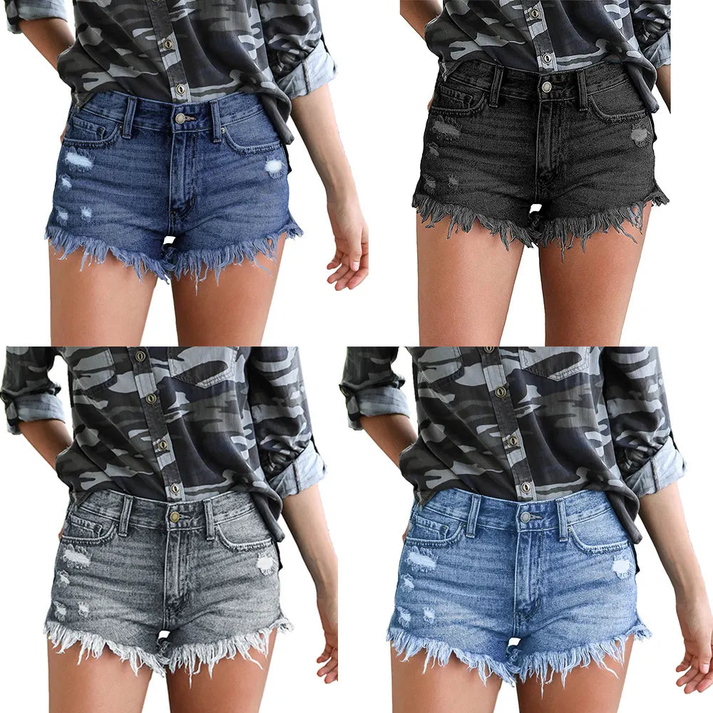 Denim Shorts With Slits And Tassels At The Hem