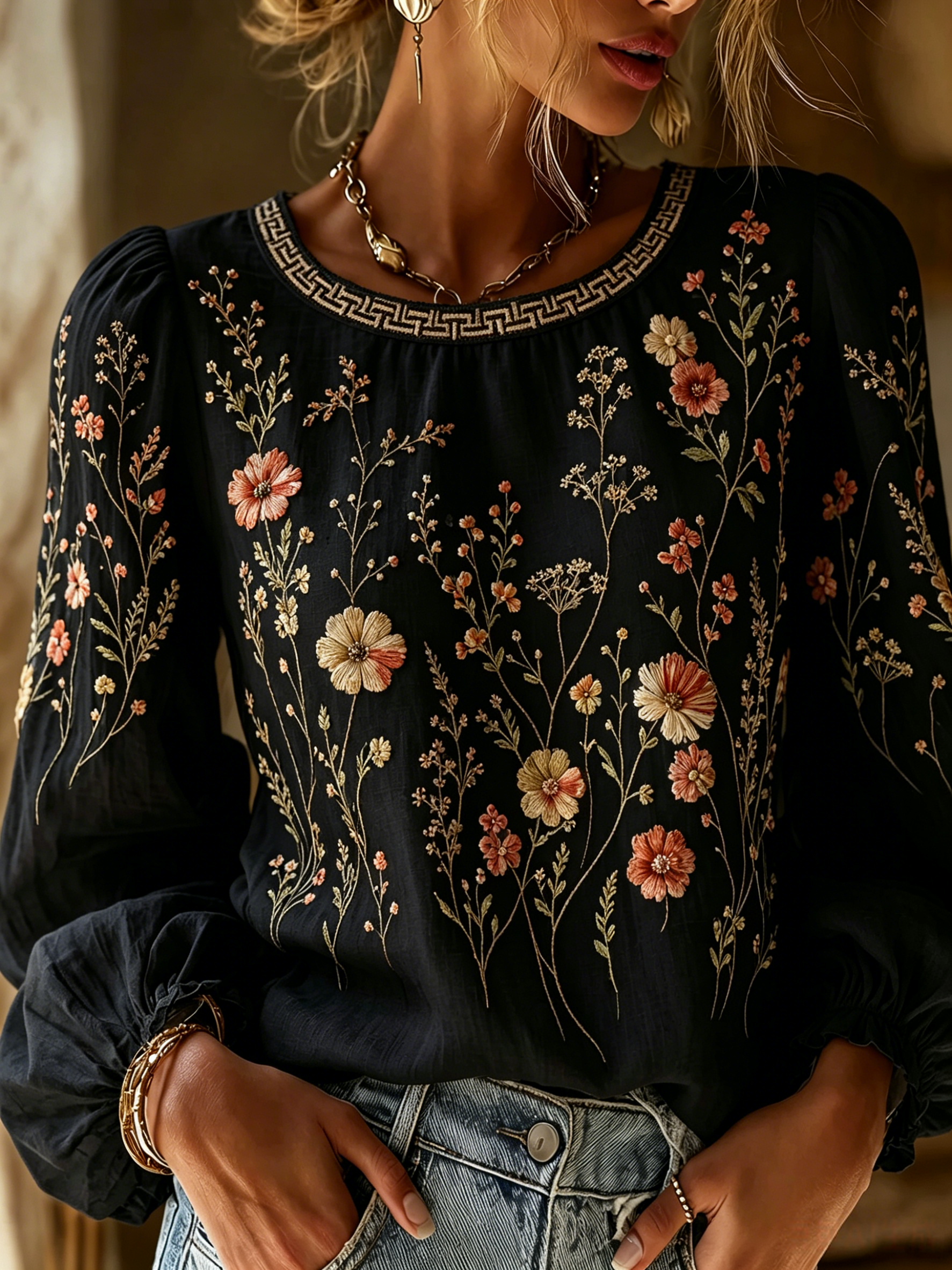 Women'S Floral Printed Casual Cotton And Linen Top