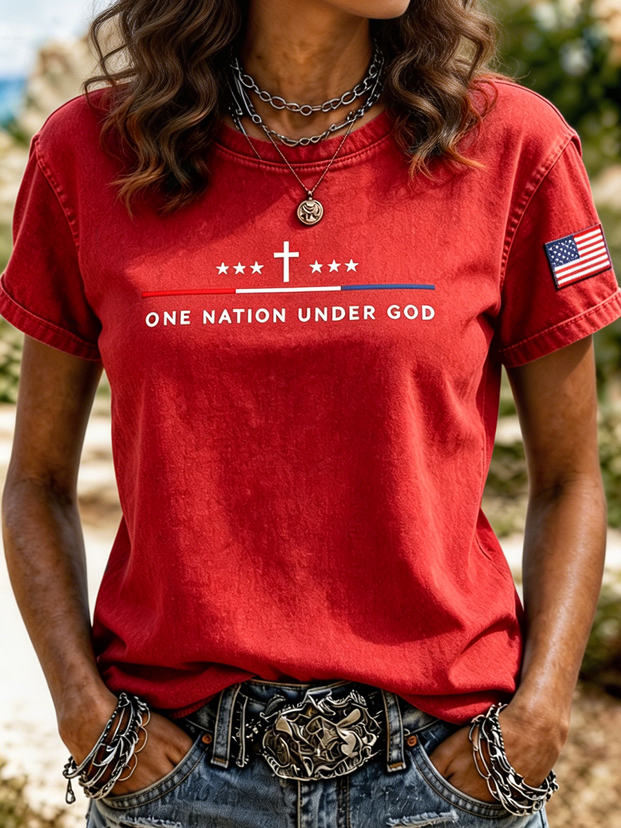 Women's One Nation Under God Cross Star American Flag Embroidered T-Shirt