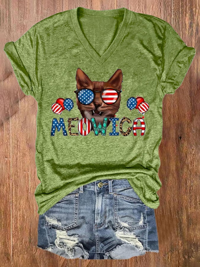 Women's Independence Day Cat Patriotic Vintage Print T-Shirt