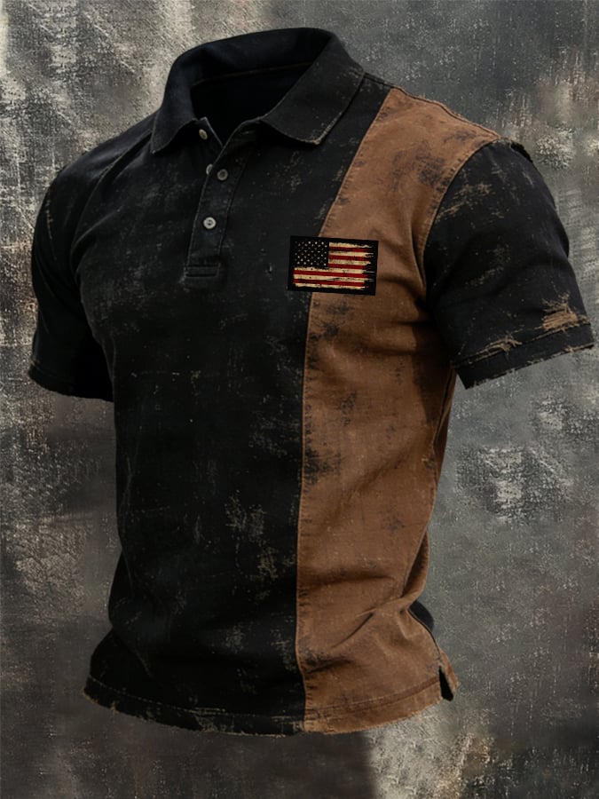 Men's Retro Color Block Pure Cotton Washed Patriot Polo Shirt