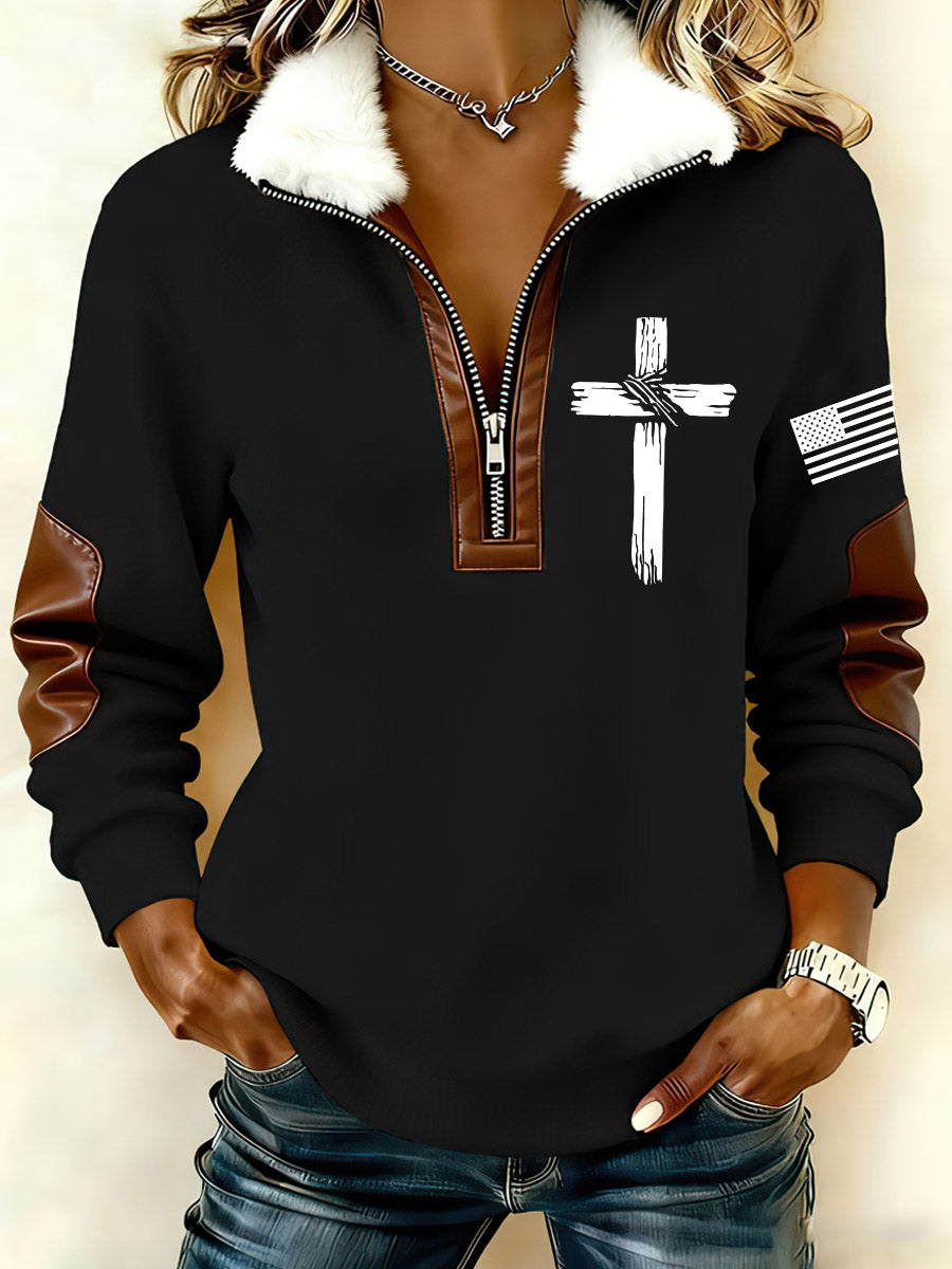 Women`s Cross And US Flag Print Patchwork Fur Collar Long-Sleeve Sweatshirt
