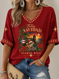 Women's Puerto Rico Christmas Print V Neck Top