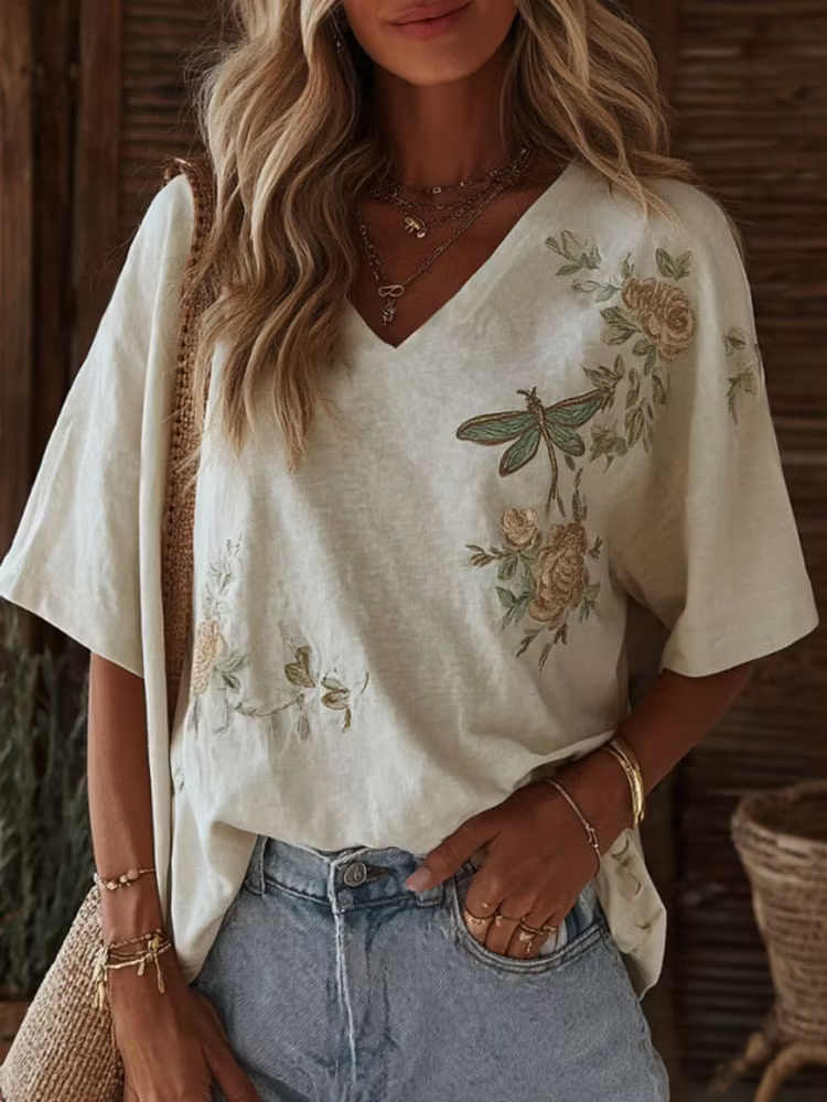 Women's Retro Casual Dragonfly Printed Cotton Linen V-Neck Short Sleeved Top
