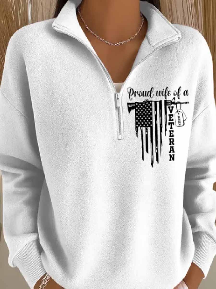 Women's Veterans Print Zip-Up Stand Collar Sweatshirt
