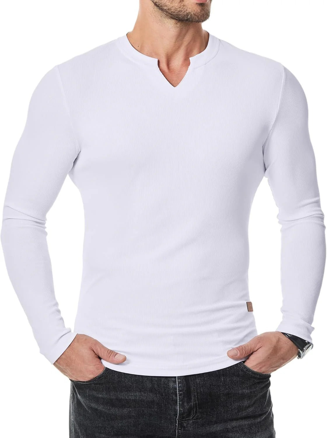 Men's Plain Casual Muscle Shirts for Men Slim Fitted T Shirt V-Neck Longline Ribbed Tees Shirts Long Sleeve Gym Workout Athletic Menswear Tops