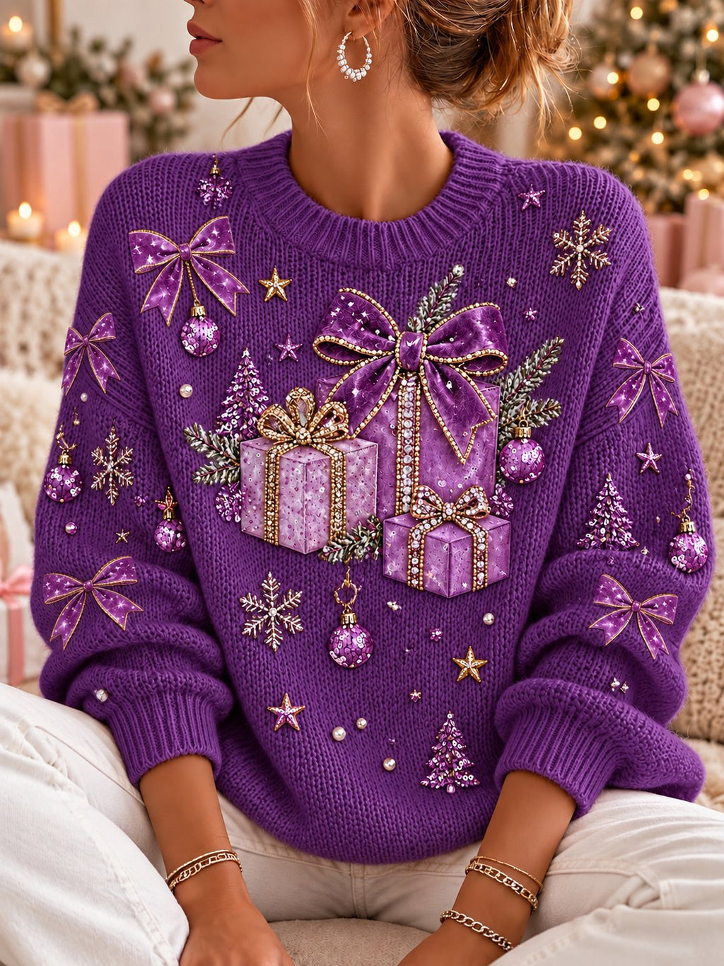 Damen-Sweatshirt mit Weihnachtsmuster, Rundhalsausschnitt und langen Ärmeln