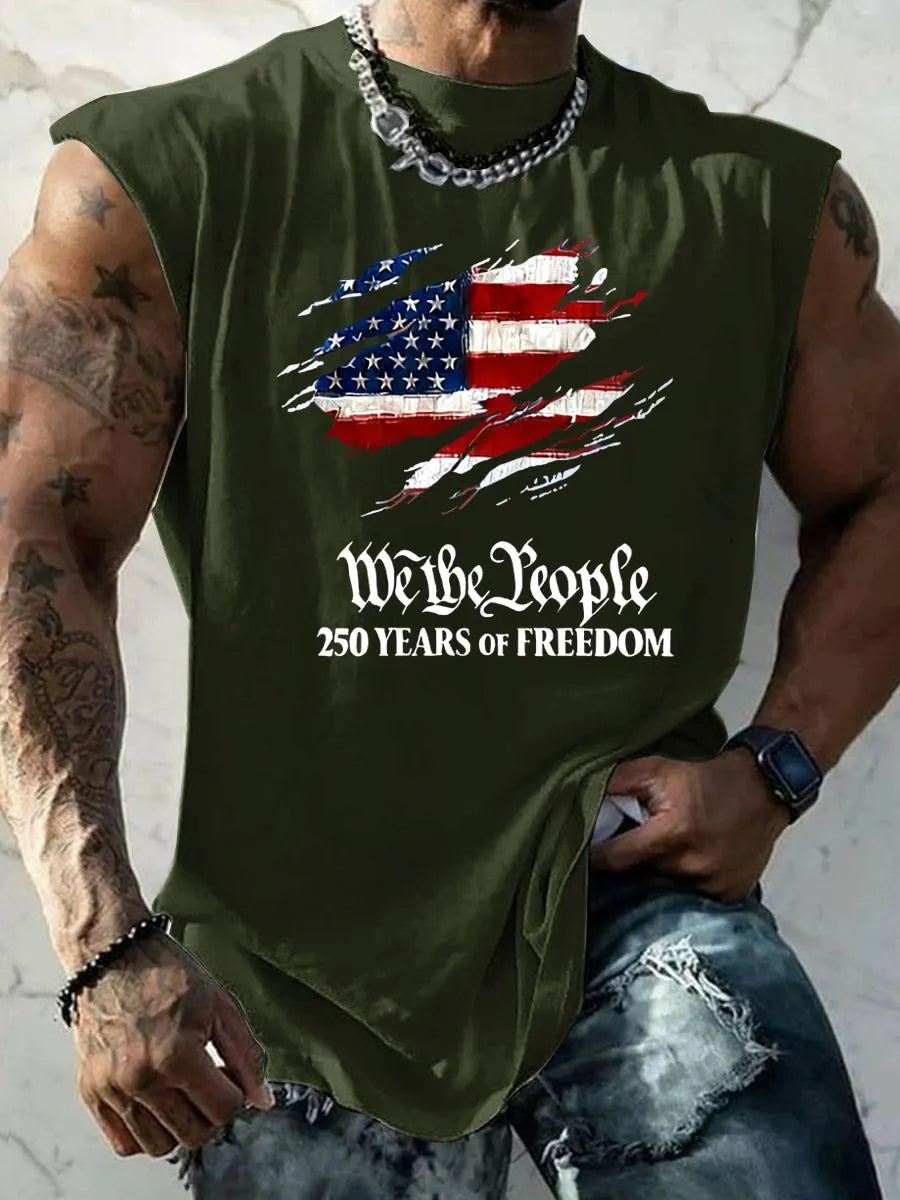 We The People 250 Years Of Freedom Pattern Round Neck 100% Cotton Tank Top