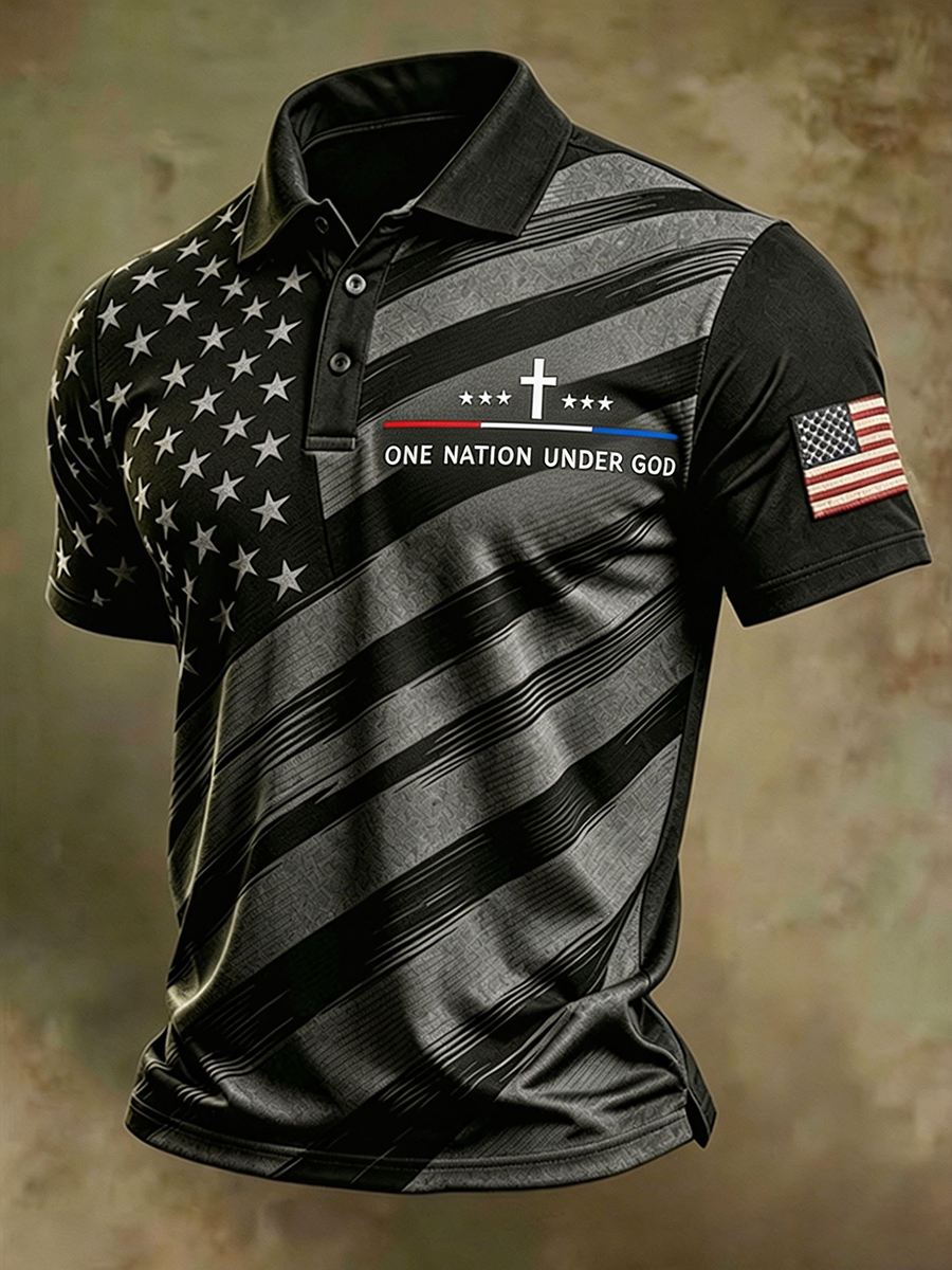 Men's One Nation Under God Cross Star Vintage American Flag Star Stripe Polo Shirt