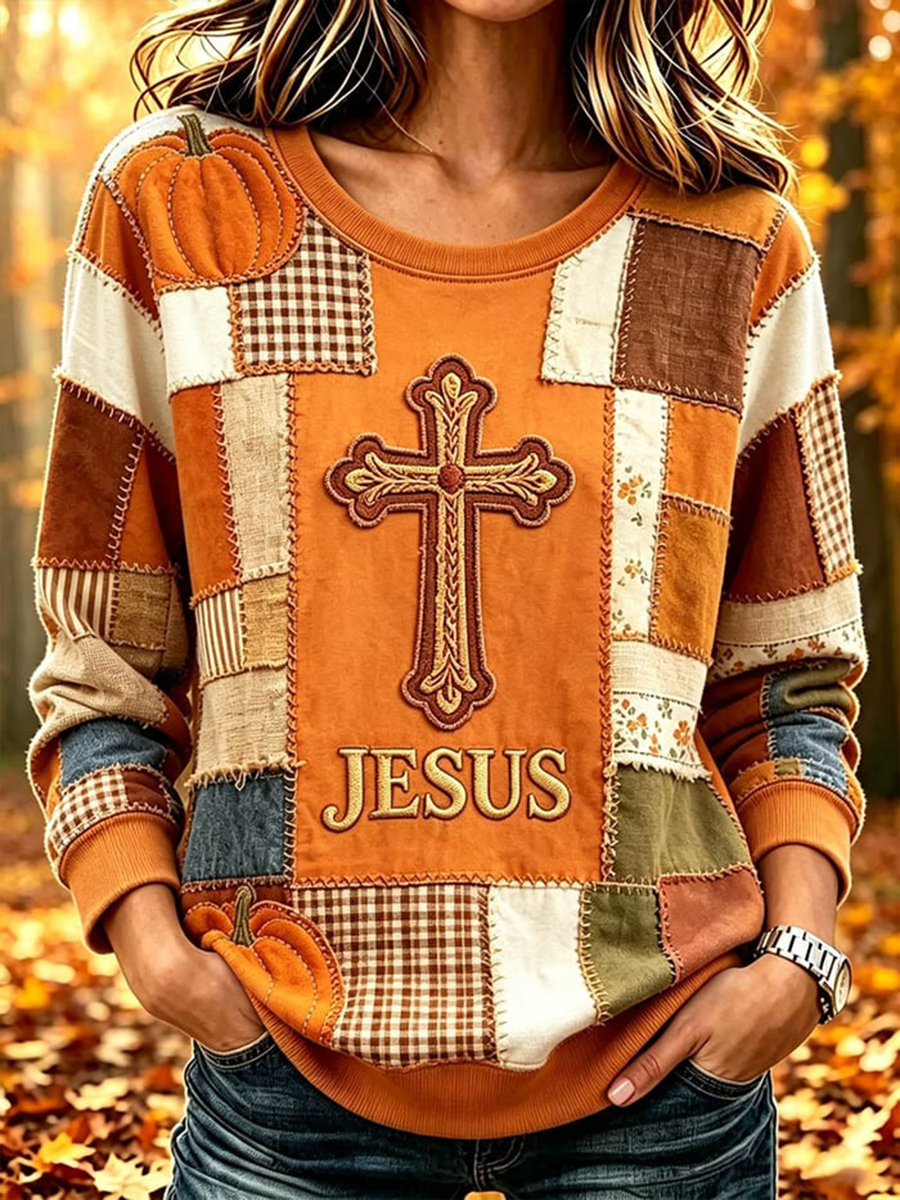 Women's Retro Autumn Belief Patchwork Round Neck Hoodie