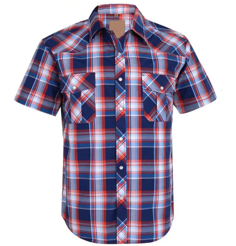 Men's Western Cowboy Short Sleeve Pearl Snap Casual Plaid Work Shirt