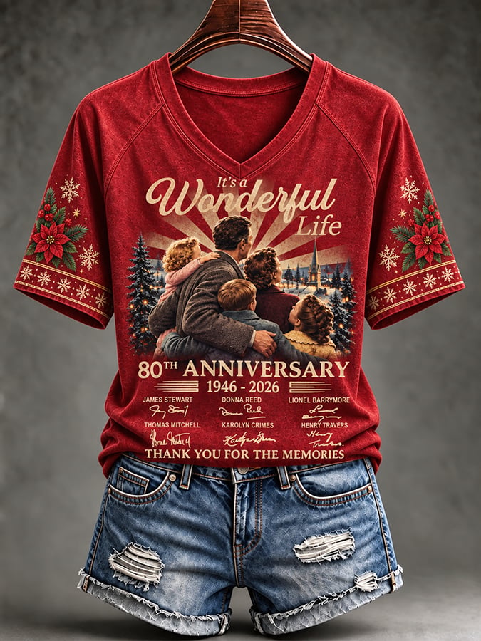 Women's It's A Wonderful Life Christmas Print Casual T-shirt