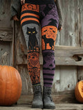 Women's retro pumpkin black cat printed leggings