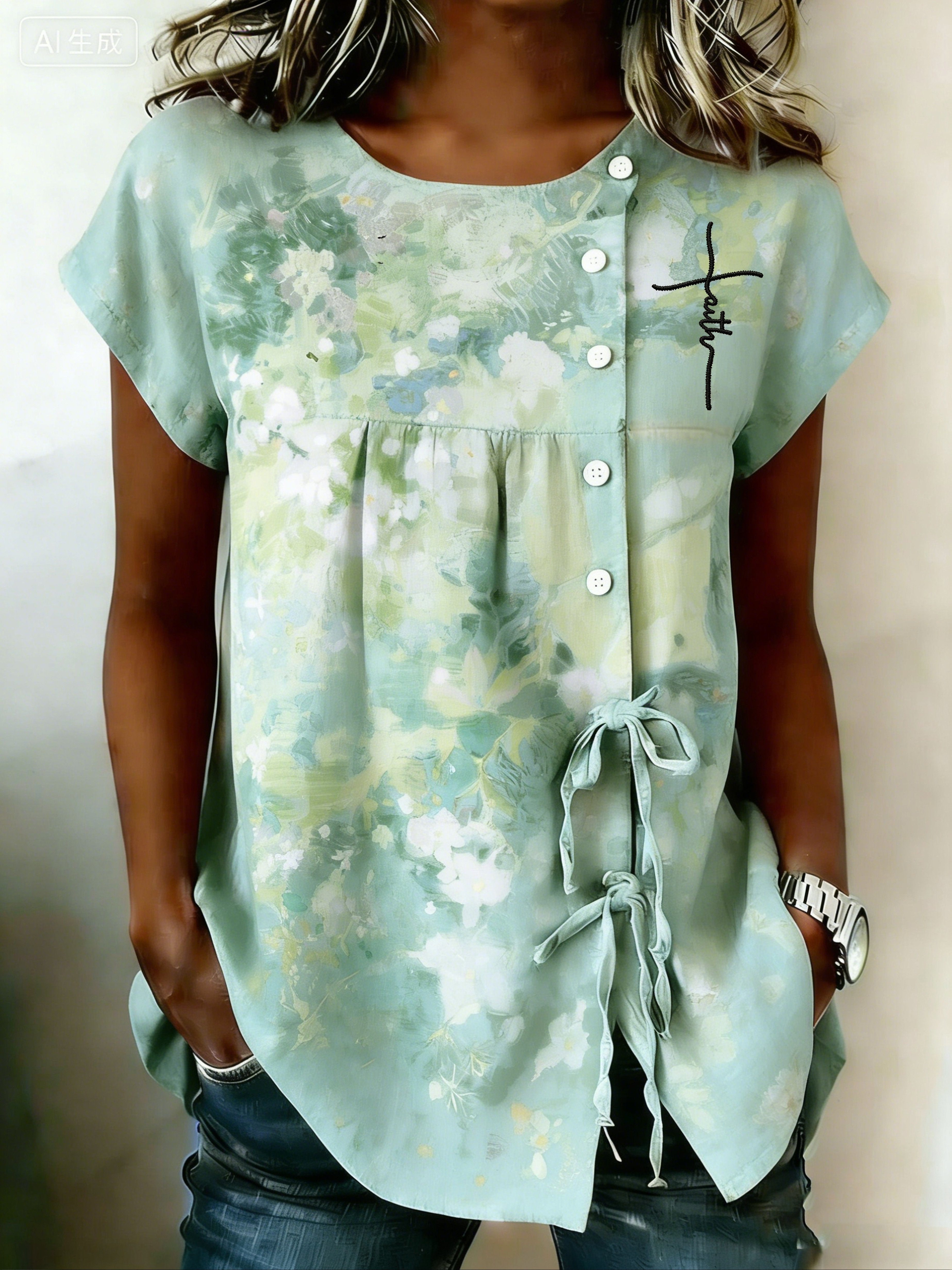 Women's Elegant Floral & Inspirational Print Faux-Linen Top