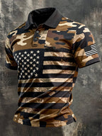 Men's Retro Patriotic Color-Block Short-Sleeve Polo Shirt