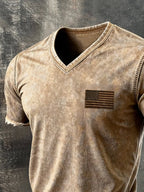 Men'S Vintage "Patriot" Pure Cotton Washed & Distressed V-Neck Short-Sleeve T-Shirt