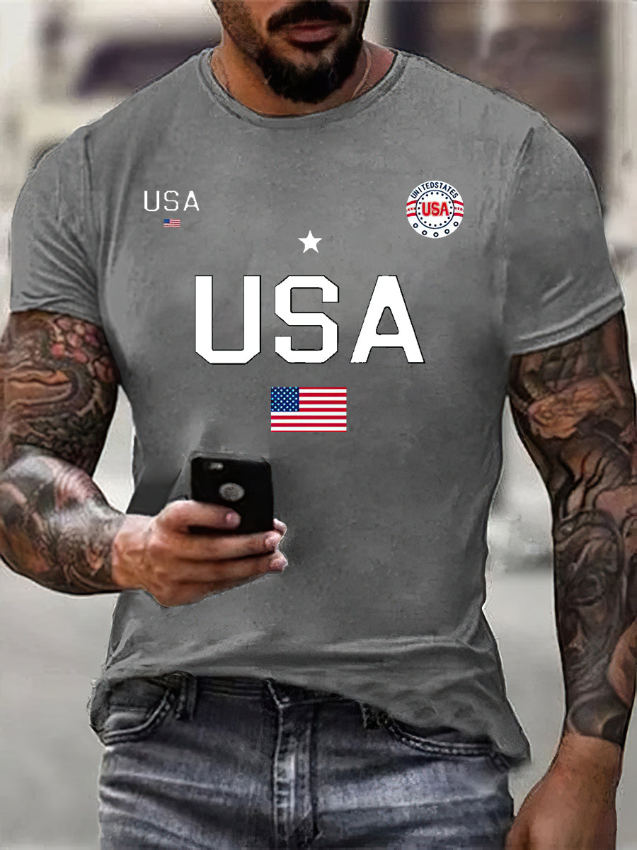Men's USA Flag Print Cotton T-Shirt