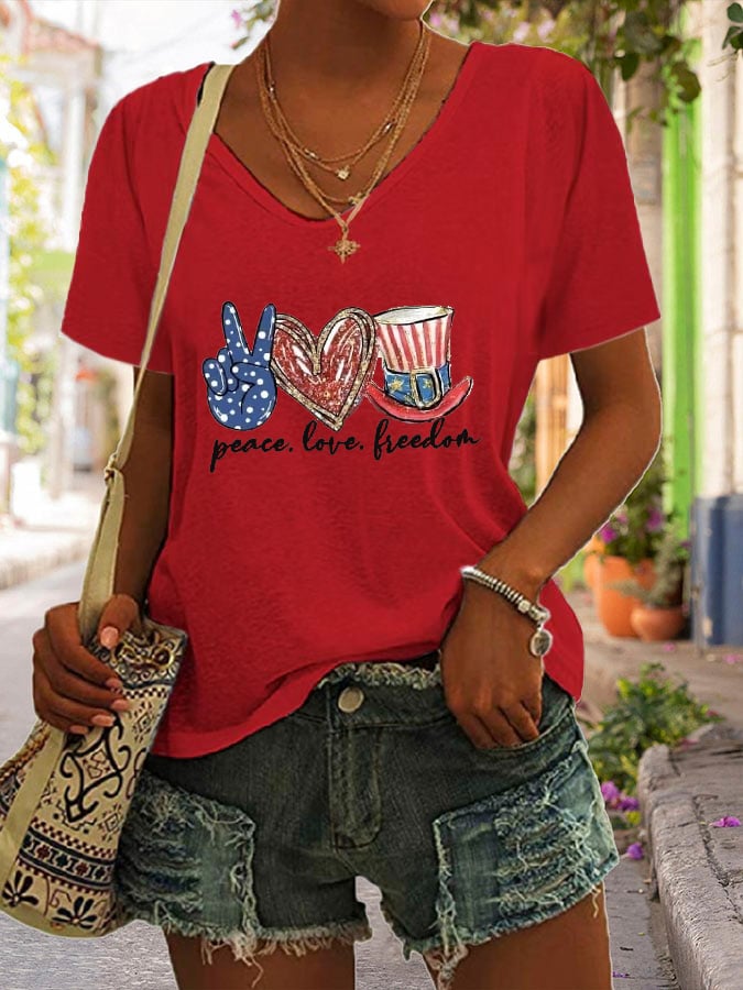 Women's American Independence Day Equality Peace Friendship Print Short Sleeve T-shirt