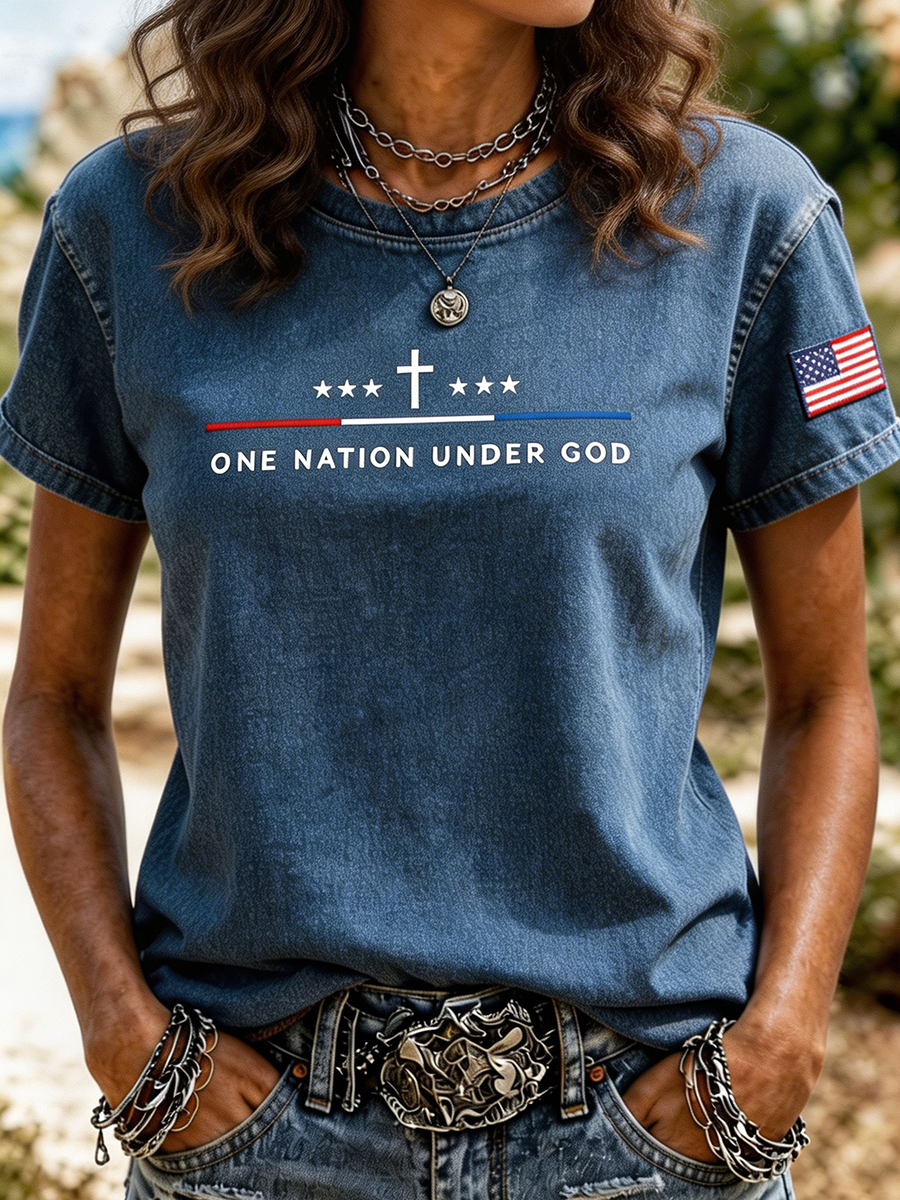 Women's One Nation Under God Cross Star American Flag Embroidered T-Shirt