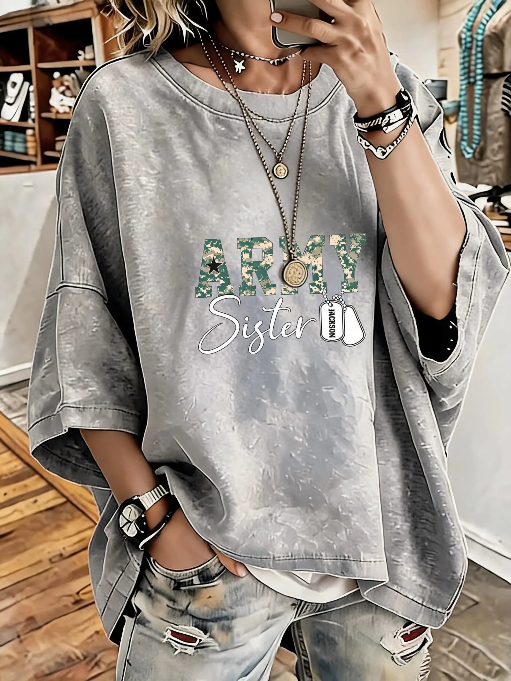 Women's Vintage Distressed Washed Army Sister Oversized T-Shirt