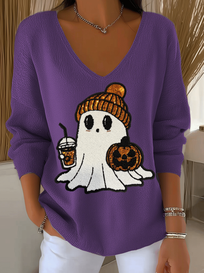 Women's Halloween Ghost Print Knit Long Sleeve Top