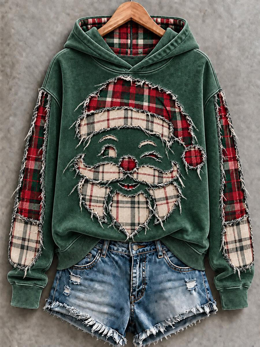 Vintage Green Buffalo Plaid Distressed Santa Christmas Hoodie
