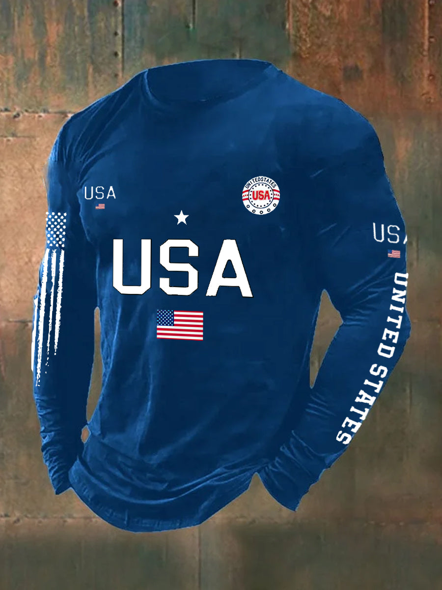 USA Flag Printed Long Sleeve Cotton T-Shirt
