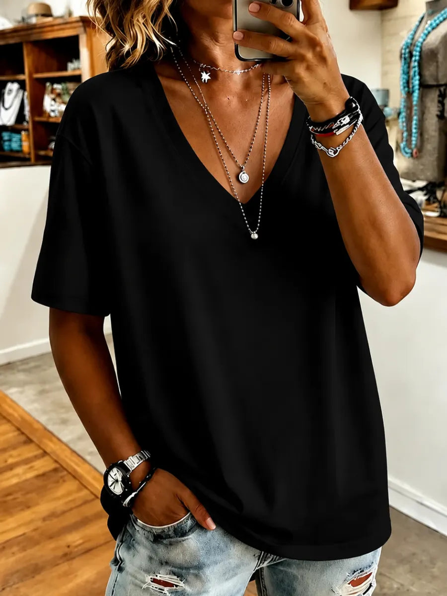 Women'S Short-Sleeved Solid Color V-Neck T-Shirt