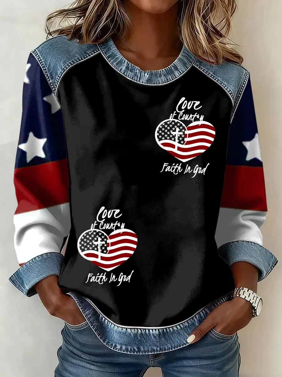 Love Of Country Faith In God Print Patchwork Sweatshirt