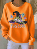 Women's Halloween Witch Hat Printed Crew Neck Long Sleeve Top