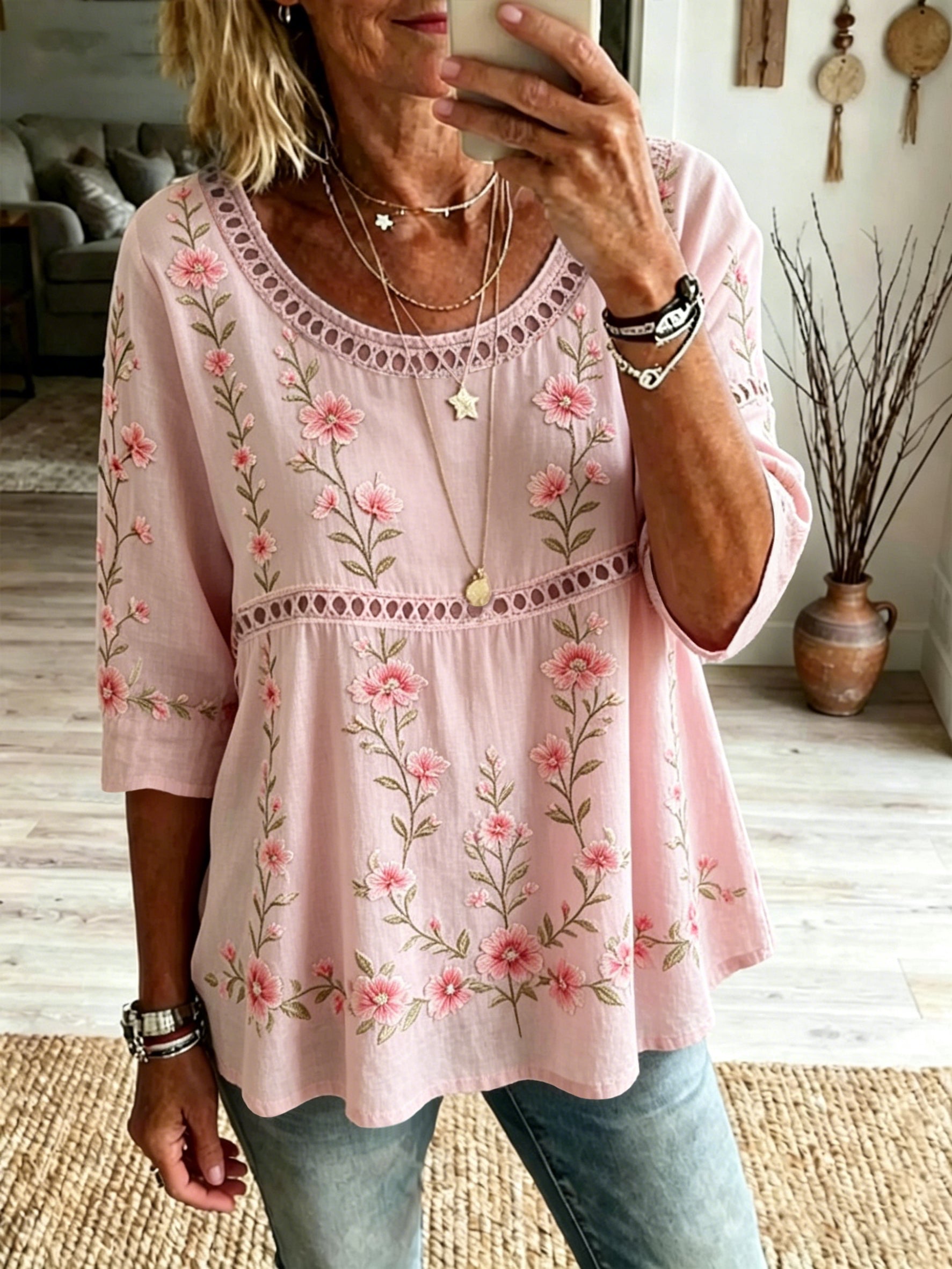 Women's Pink Floral Lace Round Neck Top