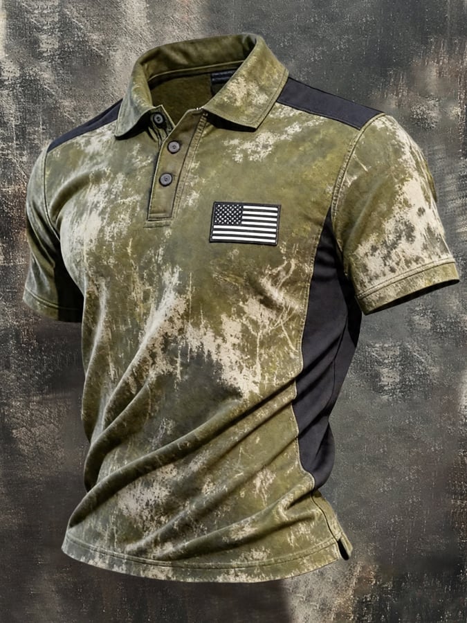 Men's Retro Color-Block Printed Short-Sleeve Polo Shirt