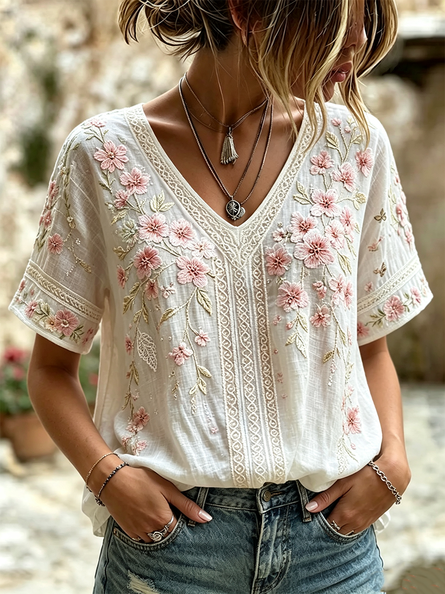 Women'S Pink Floral Print Cotton And Linen Short-Sleeve T-Shirt