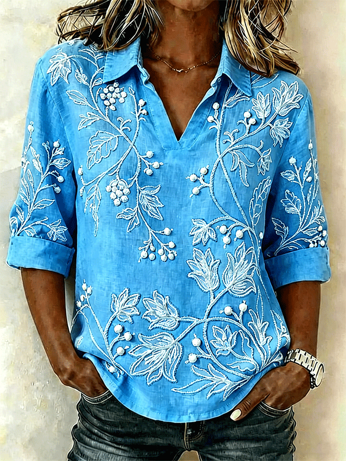 Women's Shawl Collar Half Sleeve Floral Lightweight Loose Shirt