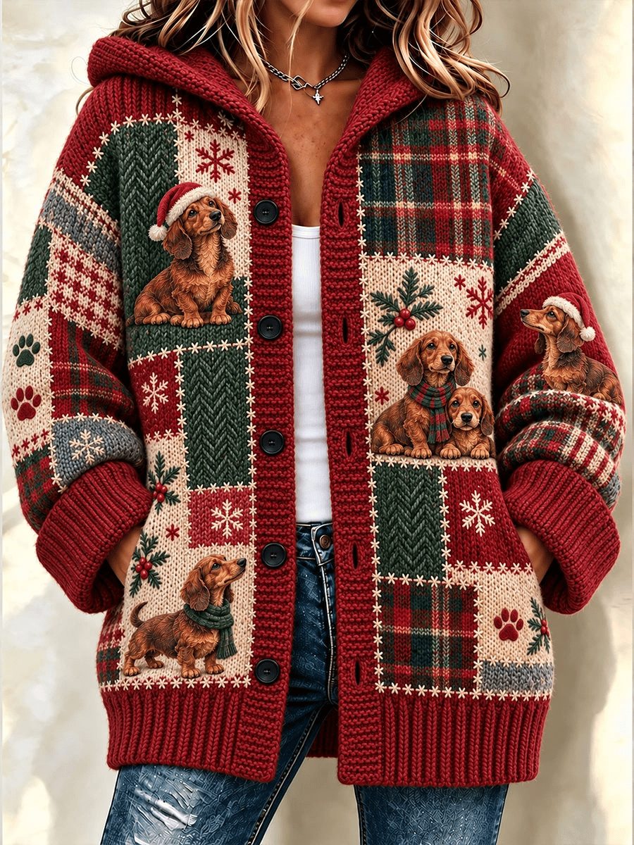 Women's Christmas Funny Dog Art Composite Fleece Long Coat