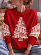 Women Fringe Patchwork Christmas Tree Knit Sweater