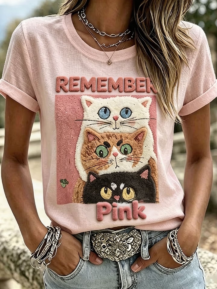 Women's Casual Retro Animal Print Pink Awareness T-Shirt