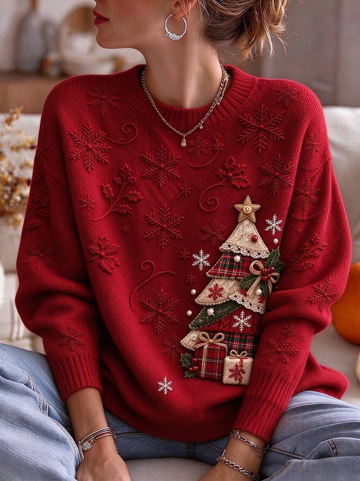 Lässiger Damen-Weihnachtspullover mit Rundhalsausschnitt, gestrickt