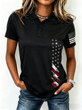 Women's Vintage American Flag Print Casual Polo Shirt