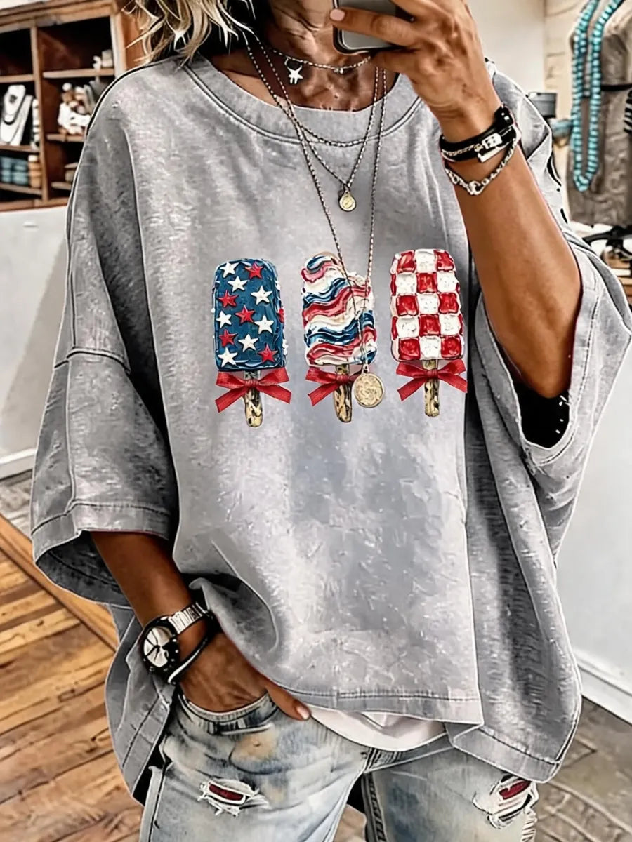 Women's Vintage Distressed Washed Ice Cream Printed Oversized T-Shirt