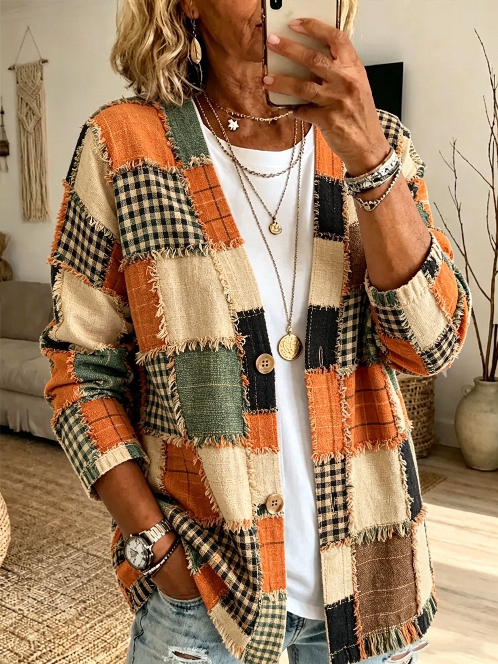 Women's Fall Patchwork Pumpkin Print Cardigan