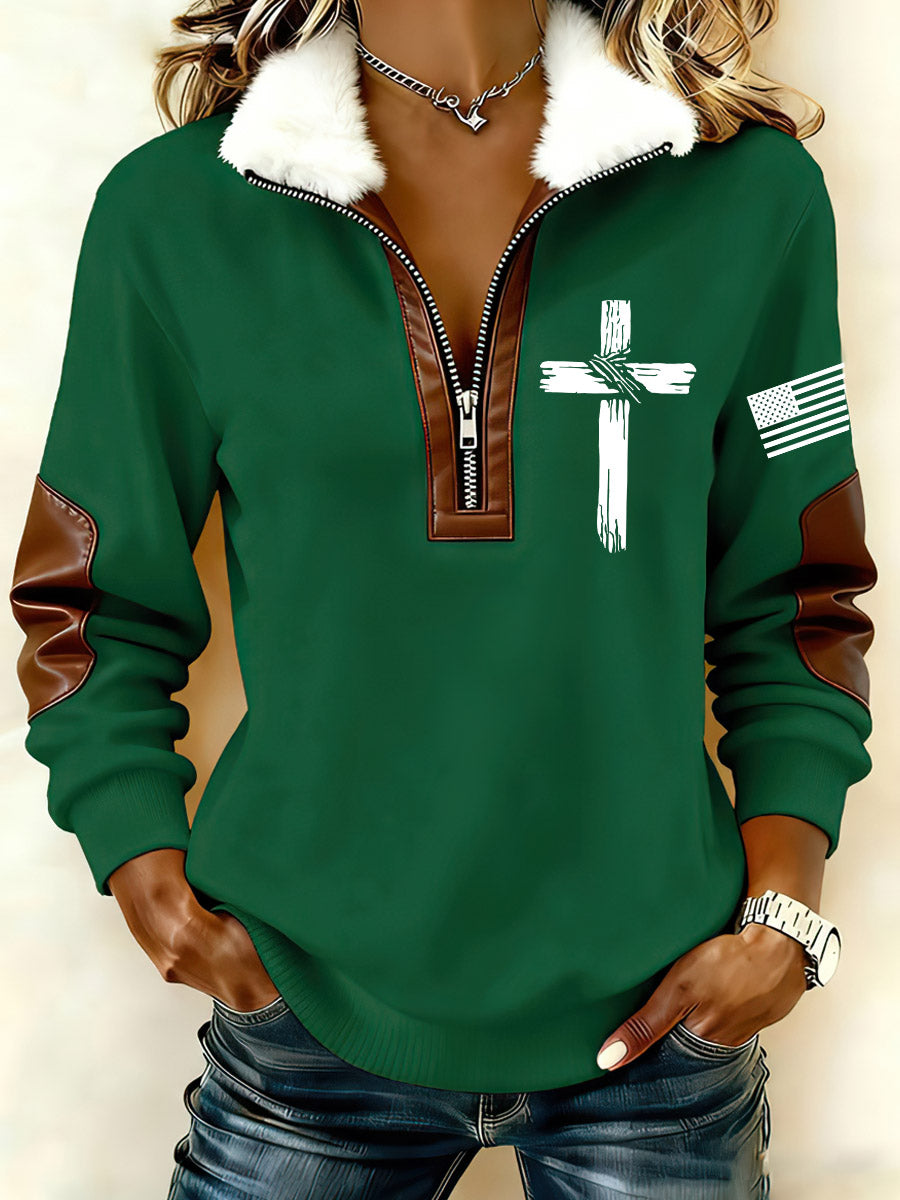 Women`s Cross And US Flag Print Patchwork Fur Collar Long-Sleeve Sweatshirt